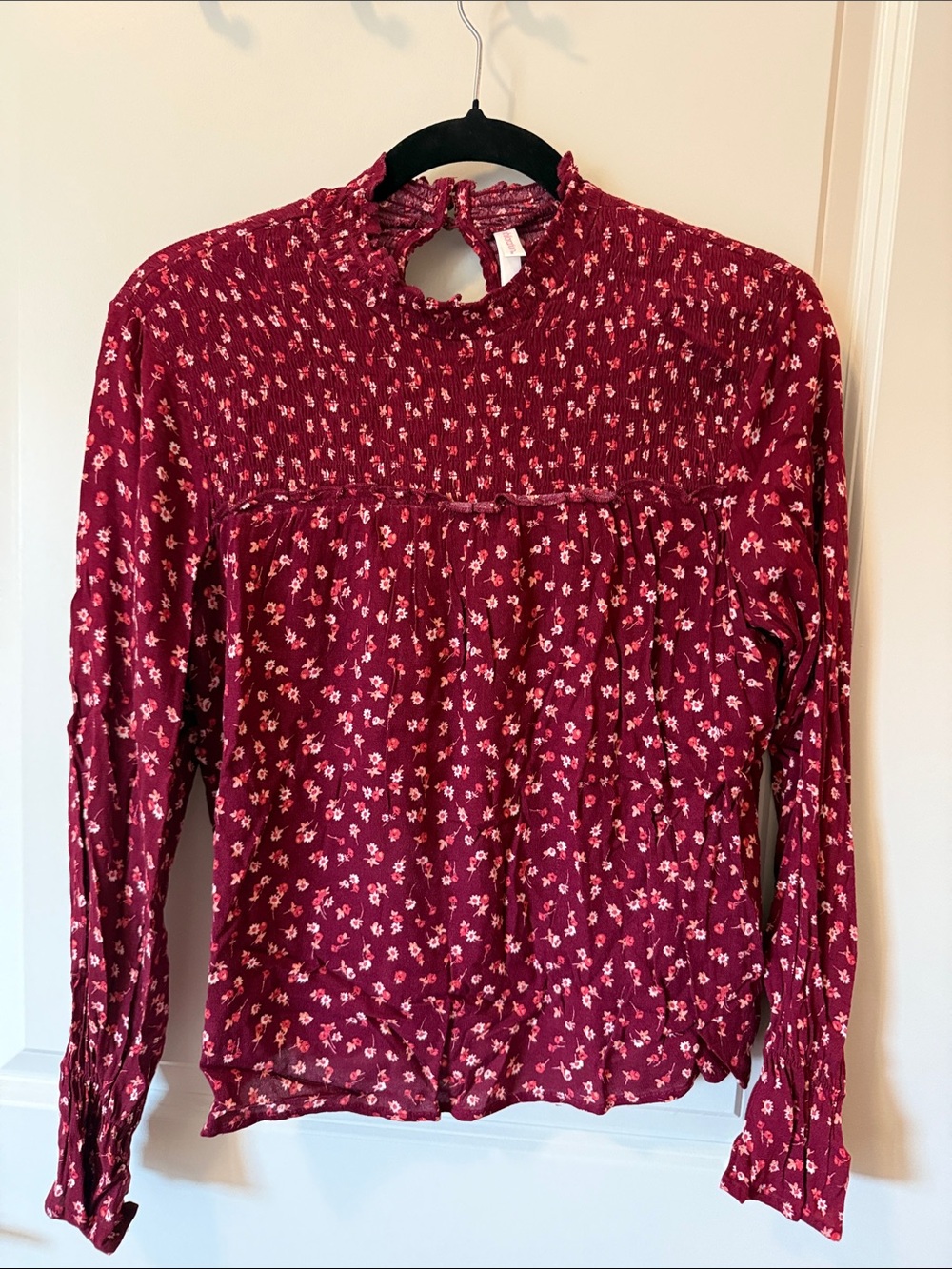 Xhilaration Burgundy Floral Smocked High-Neck Blouse